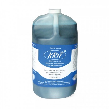 <p>La solución germicida concentrada Krit contiene en su formula un antioxidante que protege el instrumental quirúrgico de la corrosión.</p>

<ul><li>Krit es un desinfectante y germicida que actúa sobre una gran variedad de bacterias Gram-positivas patógenas.</li>
	<li>Krit no ataca hule, acero, peltre ni plástico, no produce oxidación ni costras y no contiene mercurio, formol ni fenoles.</li>
	<li>Es estable antes y después de prepararse la solución.</li>
</ul><p><strong>Cada 100 ml. Contiene:</strong></p>

<ul><li>Cloruro de Benzalconio 12 g,</li>
	<li>Nitrito de sodio 5 g, </li>
	<li>Vehículo c.b.p</li>
</ul>