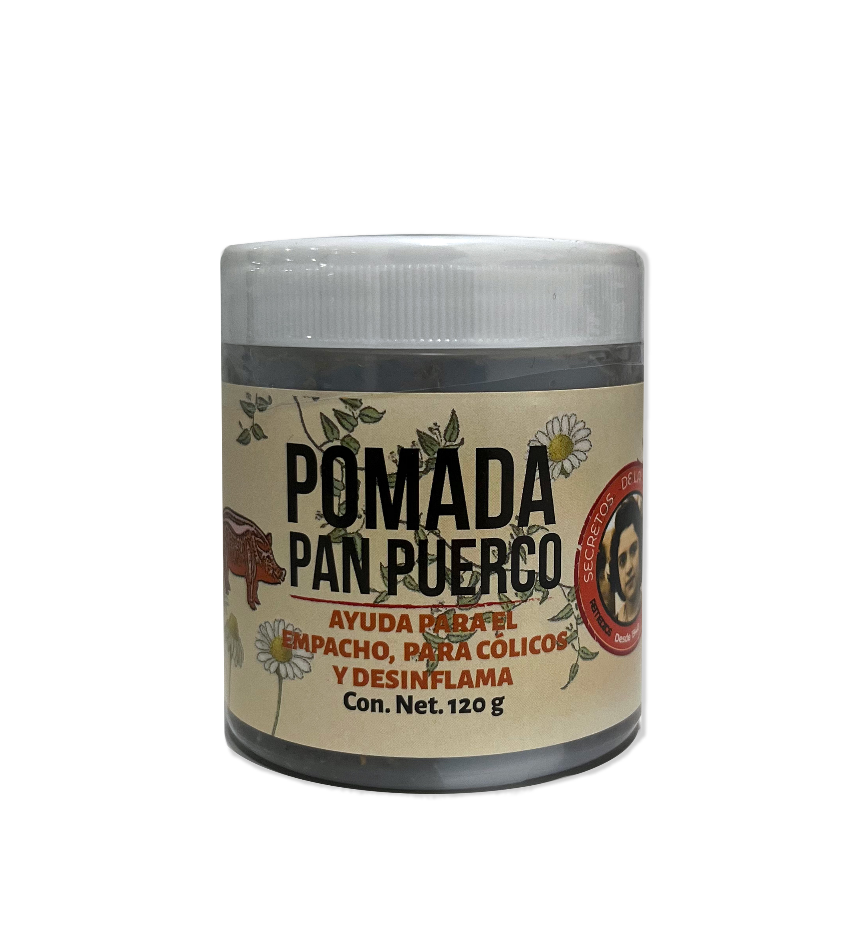 <p>Uno de los remedios m&aacute;s emblem&aacute;ticos de las abuelitas. Gracias a sus ingredientes naturales la pomada de pan puerco es una excelente soluci&oacute;n para el empacho estomacal de chicos y grandes. &nbsp;</p>
<p>USO: Analg&eacute;sico, antiinflamatorio, calmante, se emplea para aliviar el empacho.</p>
<p>Descripci&oacute;n: Semis&oacute;lido, color caf&eacute; claro a beige, con peque&ntilde;as part&iacute;culas de flor de manzanilla olor ligero a mejorana. Analg&eacute;sico, antiinflamatorio, calmante, se emplea para aliviar el empacho.</p>
<p>Modo deuso: Para el empacho, es frotar en la espalda media hacia abajo, haciendo que la piel se estire un poco para que los intestinos puedan moverse. Para los c&oacute;licos, hay que dar suaves masajes en la zona de la barriga.</p>
<p>Formulaci&oacute;n: Las propiedades excepcionales de &nbsp;hierbas como jalapa, jengibre, manzanilla, aceite esencial de clavo hacen de la pomada de panpuerco, un excelente remedio 100% natural no invasivo para el "empacho" o los problemas digestivos.</p>
<p>Ingredientes: Enriquecida con ingredientes naturales de la mejor calidad pensando en tu familia desde los m&aacute;s peque&ntilde;os hasta los adultos mayores. No probamos en animales.&nbsp;</p>