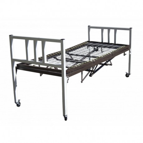 <p>Cama hospitalaria de una manivela y dos posiciones.</p>

<ul><li>Bastidor ajustable de ángulo de acero 1 ¼ x 1 ¼” con 1/8.</li>
	<li>Tela cuadriculada con resortes galvanizados.</li>
	<li>Cabecera y piecera fabricada con tubo cuadrado de 1 ½”, acabado en pintura.</li>
	<li>Tambor fabricado con ángulo de acero de 2” x 1/8”.</li>
	<li>Tela articulada de alambre galvanizado calibre No. 14 sujetada al marco con resortes de 12 vueltas.</li>
	<li>Esquinas de tambor para ensamble o desmontar las cabeceras.</li>
	<li>Manivela cromada para elevación de respaldo, tronco y pies, con posiciones adicionales la cremallera.</li>
	<li>Acabado en pintura en polvo horneada color chocolate, y blanco hueso.</li>
	<li>Con ruedas de 3 pulgadas de díametro (7.6 cm) en plástico color negro.</li>
	<li>No incluye colchón</li>
</ul>