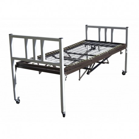 <p>Cama hospitalaria de dos manivelas y cinco posiciones.</p>

<ul><li>Bastidor ajustable de ángulo de acero 1 ¼ x 1 ¼” con 1/8 acabado en pintura color chocolate.</li>
	<li>Tela cuadriculada con resortes galvanizados.</li>
	<li>Cabecera y piecera fabricada con tubo cuadrado de 1 ½” acabado en pintura.</li>
	<li>Tambor fabricado con ángulo de acero de 2” x 1/8”.</li>
	<li>Tela articulada de alambre galvanizado calibre No. 14 sujetada al marco con resortes de 12 vueltas.</li>
	<li>Esquinas de tambor para ensamble o desmontar las cabeceras.</li>
	<li>Dos manivelas cromadas para elevación de respaldo, tronco y pies con posiciones adicionales la cremallera.</li>
	<li>Acabado en pintura en polvo horneada color chocolate, y blanco hueso, con tapones de plástico de polipropileno de alto impacto.</li>
	<li>No incluye colchón.</li>
</ul>