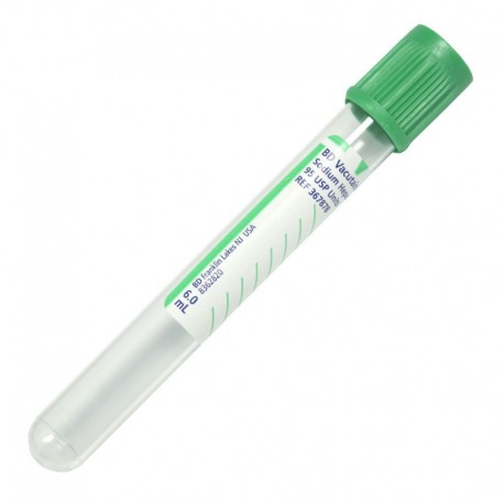 <p>Los tubos BD Vacutainer® con heparina están recubiertos con heparina de sodio aplicada por aspersión.</p>
<ul><li>Las muestras recogidas en estos tubos se utilizan para determinaciones de química clinica en plasma.</li>
<li>6 ml.</li>
<li>Color verde.</li>
</ul>