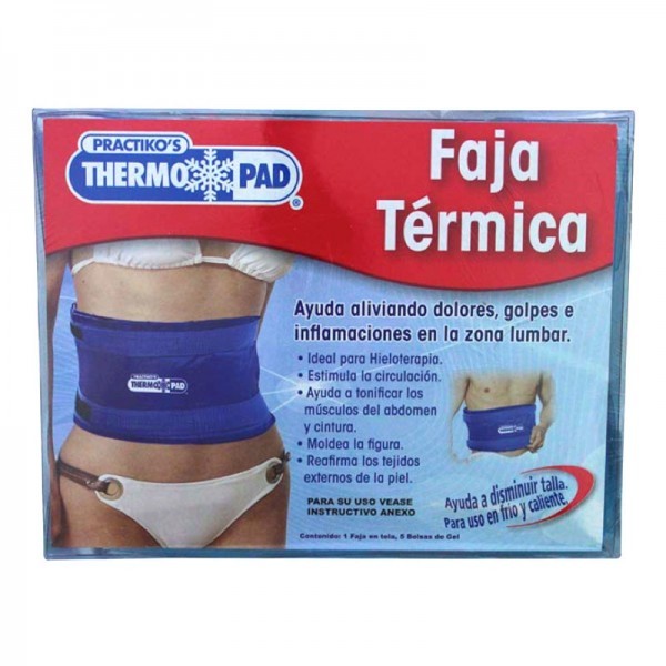 <p>Faja térmica de gel para aliviar dolores, golpes e inflamación en zona lumbar.</p>
<ul>
<li>Ideal para hieloterapia</li>
<li>Ayuda a tonificar los músculos del abdomen y cintura</li>
<li>Moldea la figura, reafirmando los tejidos externos de la piel</li>
<li>Es removible de acuerdo a sus necesidades</li>
<li>Unisex</li>
<li>Se ajusta a cualquier talla</li>
</ul>