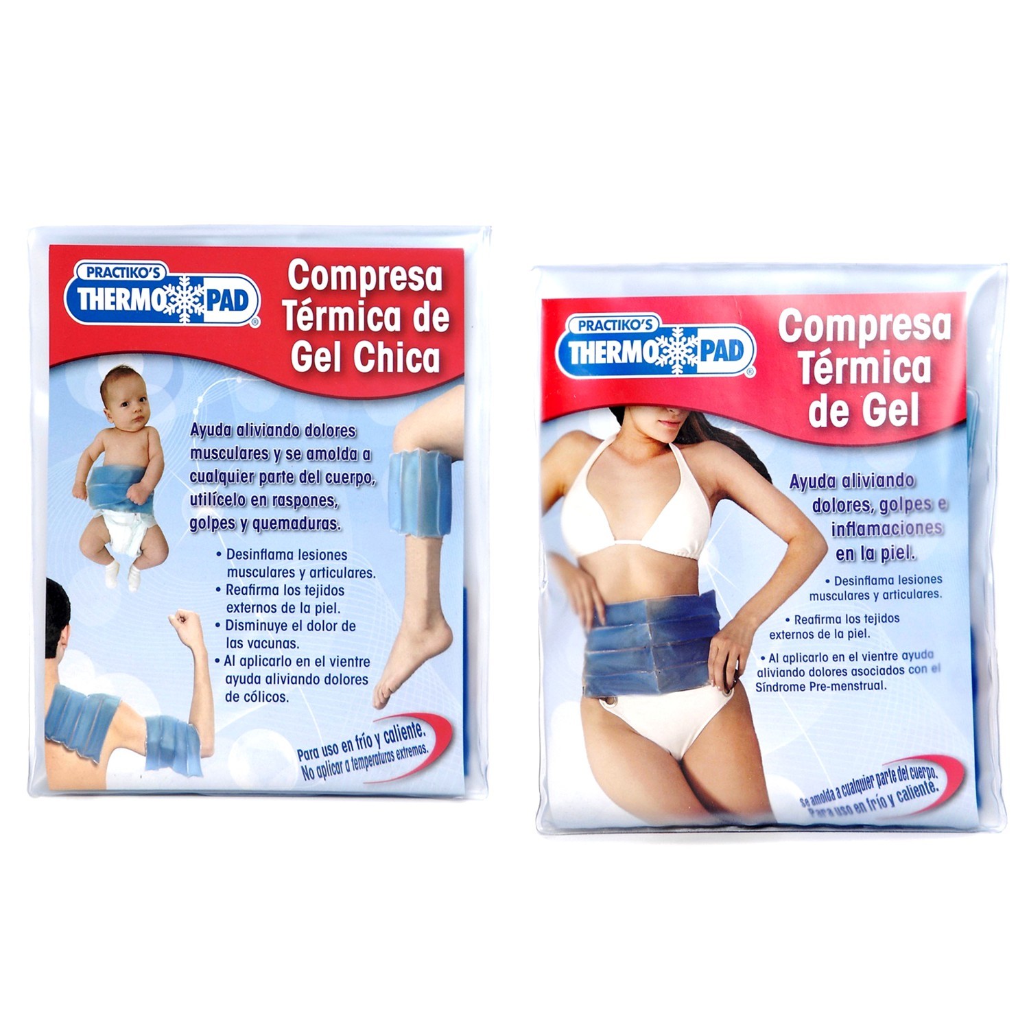 <p>La compresa térmica de gel de uso frio o caliente para cualquier parte del cuerpo en raspones, golpes y quemaduras.</p>
<ul>
<li>En frio disminuye el dolor después de la aplicación de las vacunas, desinflama lesiones musculares y articulares</li>
<li>En calor ayuda aliviando dolores de cólico al aplicarlo sobre el vientre</li>
</ul>