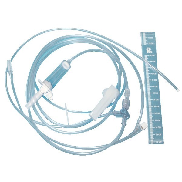 <p>Equipo para medición de presión venosa central.</p>
<p><strong>Consta de:</strong></p>
<ul><li>Una llave de 3 vías.</li>
<li>Una escala para medir en milímetros.</li>
<li>Un tubo de conexión al paciente.</li>
<li>Un tubo de conexión al frasco de solución.</li>
<li>Tubo para medir la presión con indicador flotante.</li>
</ul>