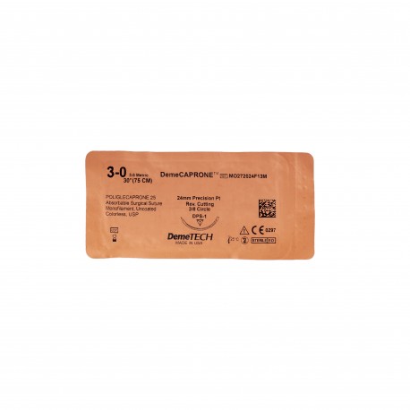 <p>Sutura Poliglecaprone 25 Monofilamento.</p>
<ul><li>Sintético.</li>
<li>Absorbible.</li>
<li>Aguja reverso cortante con una curvatura de 3/8 de círculo.</li>
<li>Hebra de 75 cm color azul.</li>
<li>Empacado en un sistema Demetrack para minimizar la memoria plástica.</li>
</ul><table style="width:400px;" cellspacing="0" cellpadding="0" border="0" align="left"><thead><tr><th scope="col">Código</th><th scope="col">Calibre</th><th scope="col">Longitud Aguja</th></tr></thead><tbody><tr><td style="text-align:center;">031190</td>
<td style="text-align:center;">3-0 PS1</td>
<td style="text-align:center;">24 mm</td>
</tr></tbody></table>