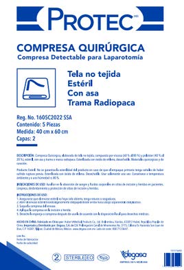 <p><strong>Descripci&oacute;n </strong></p>

<p>Compresa Quir&uacute;rgica, elaborada de tela no tejida, compuesta por viscosa (60% al 80%) y poli&eacute;ster (40% al 20%), est&eacute;ril, con asa y trama o marca radiopaca. Esterilizada con &oacute;xido de etileno. Desechable.</p>

<p><strong>Medida: </strong><strong>40 x 60 Capas: 2 </strong></p>

<p><strong>Contenido: 5 Piezas </strong></p>

<p><strong>INDICACIONES DE USO: </strong>Auxiliar en la absorci&oacute;n de sangre y fluidos corporales en sitios de incisi&oacute;n y heridas en pacientes. Limpieza, desbridamiento y protecci&oacute;n de sitios de incisi&oacute;n y heridas.</p>