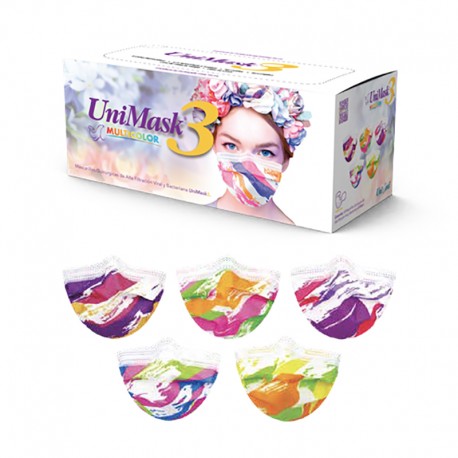 <p>UniMask3 son cubrebocas de tres capas de alta filtración viral y bacteriana<br /> con diseños multicolores y vanguardistas de la más alta calidad y seguridad que nos distingue.</p>
<ul><li>5 diferentes diseños por caja.</li>
</ul>