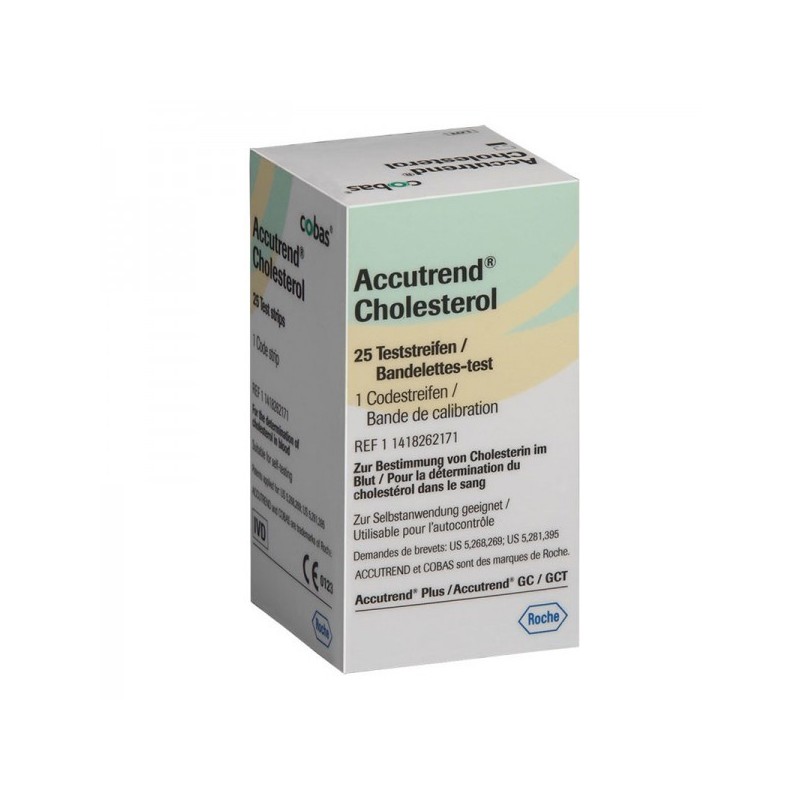 <p>Tiras Reactivas para la determinación cuantitativa de colesterol total en sangre para su uso en equipo Accutrend Plus, GCT o GC.</p>