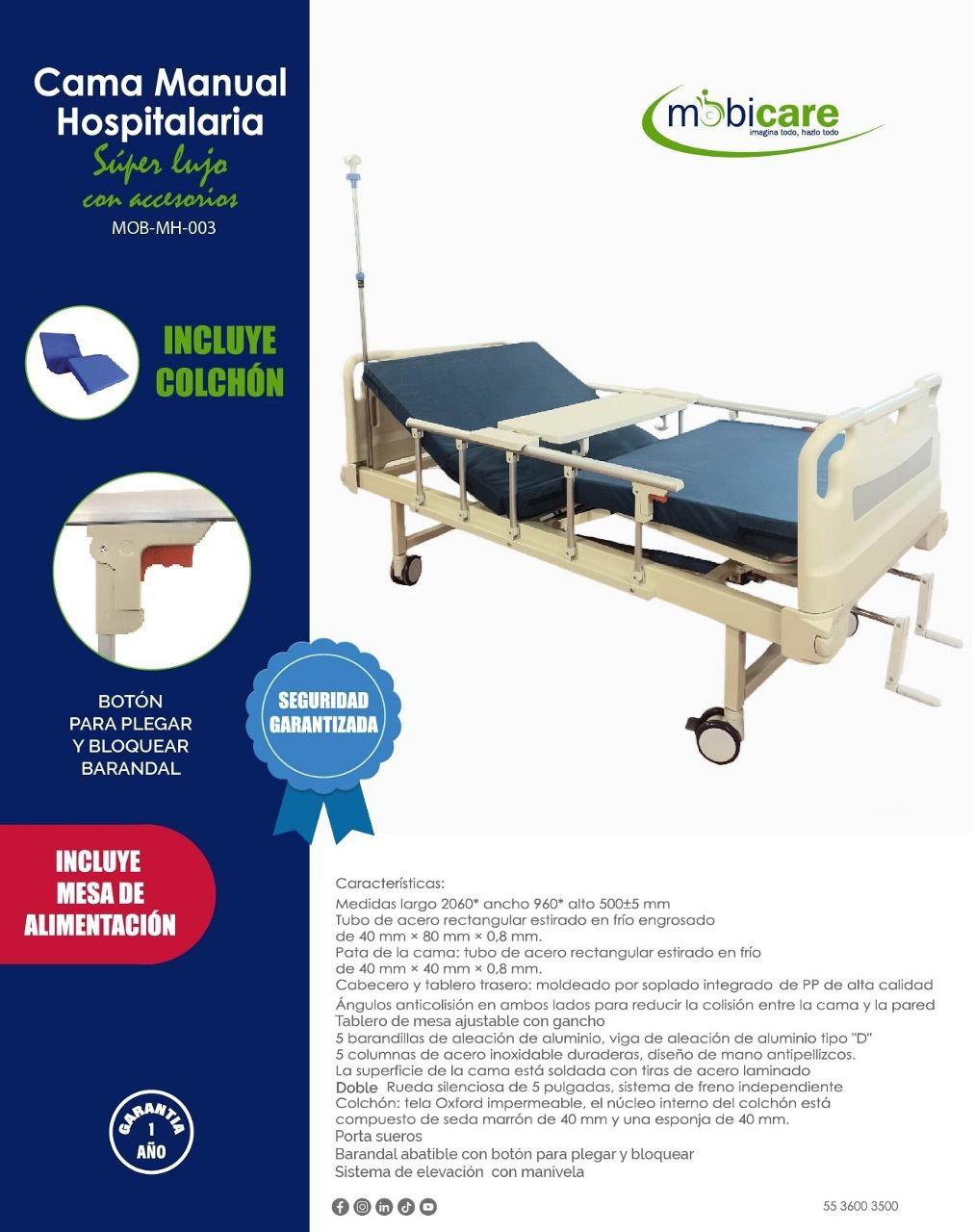 <ul>
<li>La cama de hospitalaria manual de 2 manivelas es una de las mejores y asequibles camas de hospital manuales.</li>
<li>La cama de hospital tiene una estructura de acero inoxidable capaz de soportar un peso de 230 kg.</li>
<li>El sistema de ajuste es manual, manivelas retractiles y la altura máxima de la cama es de 60 cm.</li>
<li>Incluye colchón relleno de espuma con 8  cm de grosor. tela Oxfor impermeable, el núcleo interno del colchón está compuesto de seda marrón de 40 mm y una esponja de 40 mm.</li>
<li>El respaldo se puede ajustar de 0 a 75° de inclinación para una mejor posición.</li>
<li>La parte de la rodilla cuenta con grados de inclinación ajustable de 0 a 30°.</li>
<li>Las ruedas son dobles de 5 pulgadas, giratorias 360° e incluyen seguro en cada llanta para brindar mayor seguridad.</li>
<li>Cuenta con porta suero ajustable de 84 a 102 cm.  Barandal abatible con botón para plegar y bloquear. -ángulos anticolisión en ambos lados para reducir colisiones entre la cama y la pared. Mesa de alimentación ajustable con gancho para sujeción.</li>
</ul>
<p><br />DATOS TÉCNICOS.</p>
<ul>
<li>Tipo de producto: Cama de hospital manual.</li>
<li>Capacidad de peso que soporta: 230 kg.</li>
<li>Altura de la cama: 50 cm.</li>
<li>Grados de inclinación del respaldo: 0 a 75°.</li>
<li>Grados de inclinación de la rodilla: 0 a 30°.</li>
<li>Ruedas dobles: Giratorias con movimiento de 360°.</li>
<li>Seguro: En cada llanta.</li>
<li>Accesorios: Porta suero, mesa de alimentación y colchón.</li>
<li>Largo del porta suero: 84 a 120 cm.</li>
<li>Medidas del colchón: 189 x 89 x 8cm.</li>
<li>Material: Acero inoxidable y plástico ABS.</li>
<li>Medidas: Largo: 206 cm; Ancho: 96 cm; Alto: 50 cm.</li>
</ul>