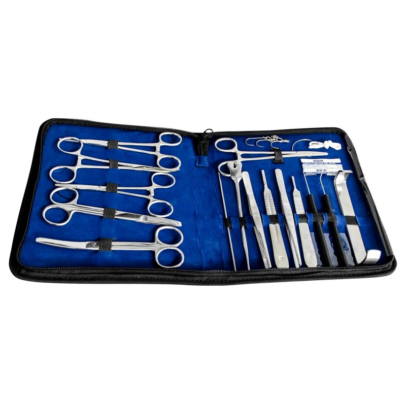 <p>Estuche de disección con 19 piezas más estuche. Instrumental en acero inoxidable.</p>
<p><strong>Contiene:</strong></p>
<ul><li>1 Pinza Kelly Recta 14 cm</li>
<li>1 Pinza Kelly Curva 14 cm</li>
<li>1 Pinza Mosquito Recta 12.5 cm</li>
<li>1 Porta Agujas Mayo Hegar 14 cm</li>
<li>1 Pinza de Disección Sin Dientes 14 cm</li>
<li>1 Pinza de Disección Con Dientes 14 cm</li>
<li>1 Tijera Aguda Roma Recta 14 cm</li>
<li>1 Tijera Aguda Roma Curva 14 cm</li>
<li>1 Estilete Abotonado con Ojillo</li>
<li>1 Sonda Acanalada</li>
<li>1 Gancho Herinas</li>
<li>1 Juego de Retractor Farabeuf</li>
<li>1 Mango de Bisturí # 4</li>
<li>1 Mango de Bisturí # 3</li>
<li>1 Disector Recto</li>
<li>1 Disector Curvo</li>
<li>1 Hoja Para Bisturí</li>
<li>1 Aguja de Sutura</li>
<li>1 Hilo no Estéril</li>
<li>1 Estuche de vinil modelo # 2</li>
</ul>