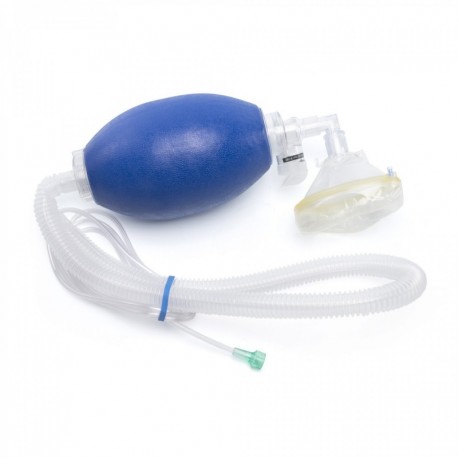 <p>Resucitador manual desechable para adulto con máscara y tubo del depósito de oxígeno.</p>

<p>Las bolsas de reanimación desechables se utilizan para apoyar la respiración del paciente cuando no puede respirar por sí solo y la respiración mecánica no está disponible.</p>