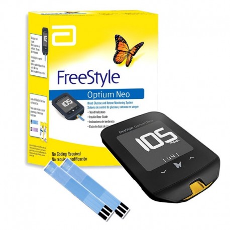 <p>Sistema de monitoreo (glucómetro) FreeStyle Optium Neo para mediciones de glucosa en sangre, pruebas de cetonas en sangre y soporte para dosis de insulina.</p>
<ul><li>Medidor ultra ligero y delgado que cabe en el bolsillo</li>
	<li>Resultados rápidos y precisos en 5 segundos</li>
	<li>Indicadores de tendencia de glucosa en sangre (Hipo – Hiperglucemia)</li>
</ul>