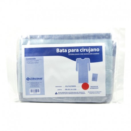 <ul><li>Fabricado con tela SMS.</li>
<li>Esterilizado con radiación gamma.</li>
</ul><p><strong>Contiene:</strong></p>
<ul><li>1 bata para cirujano unitalla.</li>
<li>1 toalla para manos de 27 x 30 cm</li>
</ul>