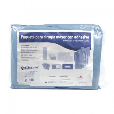 <ul>
<li>Fabricado con tela SMS.</li>
<li>Esterilizado con radiación gamma.</li>
</ul>
<p><strong>Contiene:</strong></p>
<ul>
<li>1 Cubierta para mesa riñón de 140 x 190 cm.</li>
<li>4 campos adhesivos de 75 x 75 cm.</li>
<li>1 sábana superior con adhesivo de 150 x 190 cm.</li>
<li>1 sabana de pie con adhesivo de 120 x 180 cm.</li>
<li>4 batas para cirujano unitalla.</li>
<li>4 toallas para manos de 27 x 30 cm.</li>
<li>1 funda para mesa mayo de 130 x 160 cm.</li>
<li>1 sábana de especialidad hendida con adhesivo de 150 x 200 cm</li>
</ul>