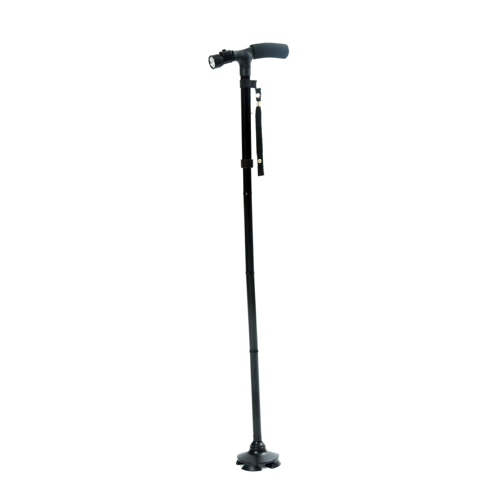 <p>Bastón fabricado en aluminio, mango de plástico rígido ergonómico, lampara frontal y con tramos tubulares apilables e insertos-conexión para carga. Plegable y con articulación retórica de 360°, con base de cuatro puntos.</p>