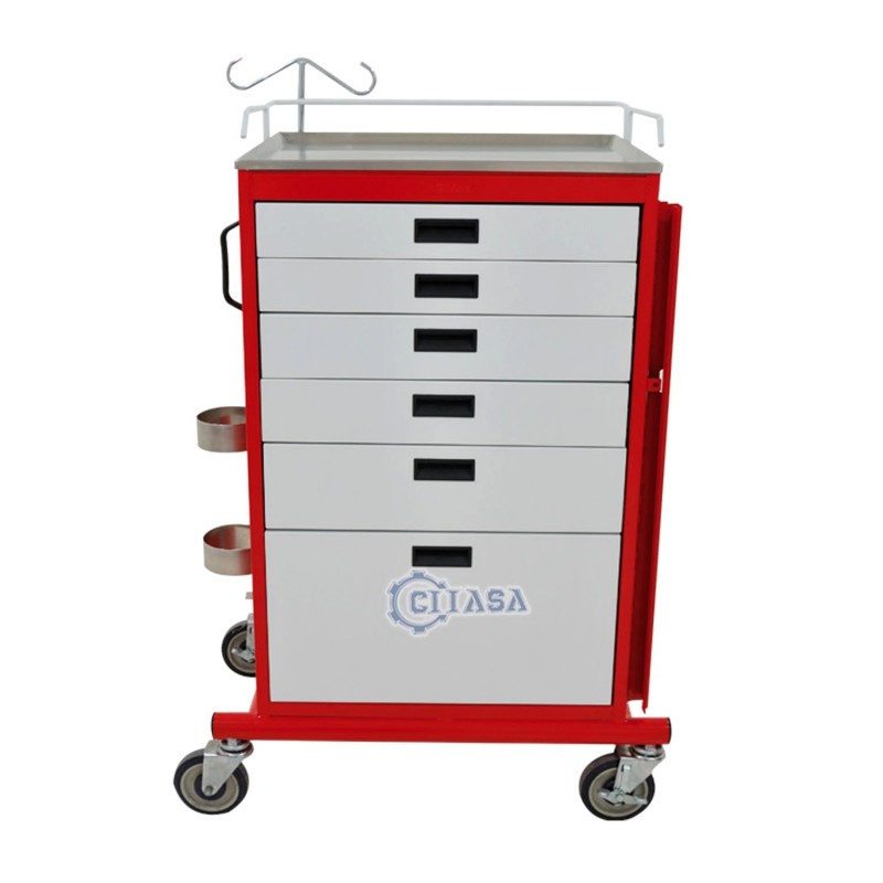 <p>Carro de emergencias con mayor capacidad de almacenamiento gracias a sus 6 cajones.</p>

<ul><li>Cuenta con tabla para RCP de PVC</li>
	<li>4 ruedas de hule termoplástico dos con freno y dos sin freno</li>
	<li>Cuenta con donas plásticas protectoras de choques</li>
</ul>