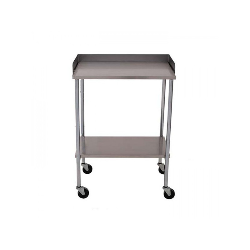 <ul><li>Mesa con cubierta, entrepaño y barandal de acero inoxidable tipo AISI 304 acabado pulido, estructura de tubo cromado.</li>
	<li>Cuenta con cuatro rodajas de 3” que no manchan los pisos.</li>
</ul>