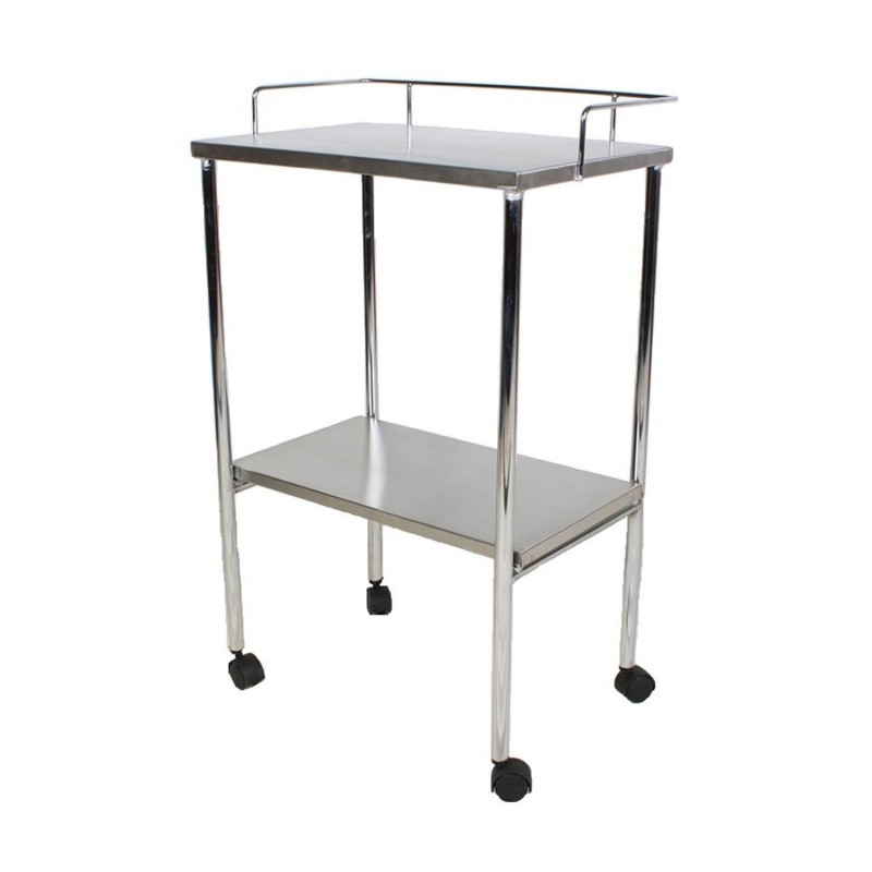 <p>Mesa pasteur de 2 entrepaños con estructura tubular, barandal y ruedas en sus patas.</p>

<ul><li>Estructura de tubo redondo de acero, acabado cromo</li>
	<li>Rodajas de plástico color negro</li>
	<li>Entrepaños de acero inoxidable, acabado pulido</li>
	<li>Barandal redondo pulido cromo</li>
	<li>Acero Inoxidable</li>
</ul>