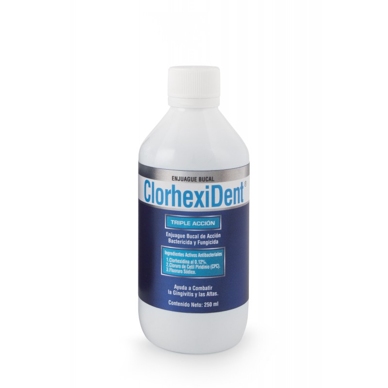 <p>Enjuague bucal de triple acción a base de Gluconato de Clorhexidina al 0.12% que ayuda a proteger las encías.</p>
<ul><li>Reduce la placa bacteriana</li>
<li>Previene infecciones y lesiones de la mucosa bucal</li>
</ul>