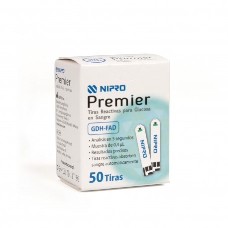 <p>Las Tiras reactivas de Glucosa en Sangre NIPRO Premier se usan con los medidores de Glucosa en sangre NIPRO Premier Alpha y para realizar una medición cuantitativa de glucosa en sangre entera.<br /> La glucosa en la muestra de sangre se mezcla con las sustancias químicas especiales de la tira reactiva para que se produzca una pequeña corriente eléctrica.</p>
<p>El medidor de Glucosa en sangre NIPRO Premier Alpha detectan la corriente eléctrica, la cual refleja la cantidad de glucosa en la muestra de sangre.</p>
<p>Características:</p>
<ul><li> Elemento de prueba: Glucosa en sangre</li>
<li>Método enzimático: GDH-FAD</li>
<li>Rango de medición: 20-600 mg/dL (1.1-33.3 mmol/L)</li>
<li>Tamaño de la muestra: Mínimo 0.4 μL</li>
<li>Temperatura de operación: 5-45°C (41-113°F)</li>
<li>Temperatura de almacenamiento: 1-30°C (34-86 °F)</li>
<li>Vida útil: Hasta la fecha de caducidad impresa en etiqueta</li>
</ul>