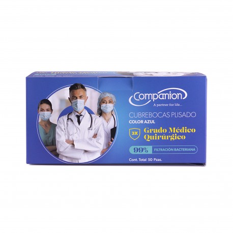 <p>Cubrebocas plisado, termosellado, tres capas.</p>
<ul><li>Grado médico quirúrgico.</li>
<li>Nivel 3, el más alto en protección.</li>
<li>Capa exterior repelente de líquidos, con material probado para el más alto estádnar (mayor a 16Kpa).</li>
<li>Capa media como filtro de virus y bacterias, (mayor al 99%).</li>
<li>Grado máximo de respirabilidad, (diferencial de presión menor a 30  pa/cm2).</li>
<li>Cómodos cordones elásticos que se ajustan perfectamente en las orejas.</li>
<li>Confortable adaptador nasal.</li>
<li>Sellado perfecto.</li>
<li>Práctico empaque de edición especial con ventana despachadora en la parte superior.</li>
</ul>