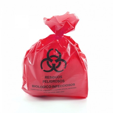 <p>Bolsa de polietileno color rojo traslúcido, impermeable, marcada con leyenda "Residuos peligrosos Biológico-Infecciosos" y con el símbolo universal de "Riesgo Biológico".</p>