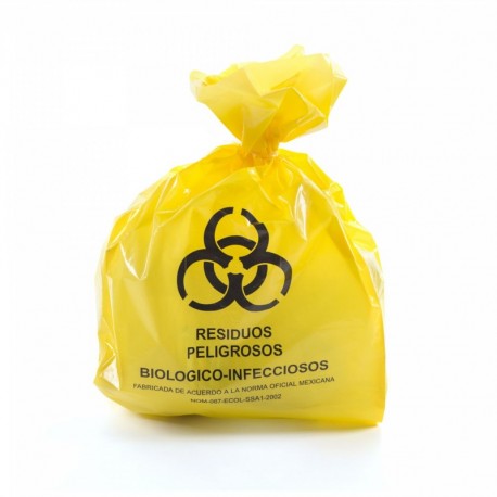 <p>Bolsa de polietileno color amarillo traslúcido, impermeable, marcada con leyenda "Residuos peligrosos Biológico-Infecciosos" y con el símbolo universal de "Riesgo Biológico".</p>