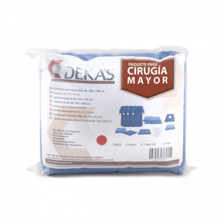 <p>Equipo de cirugía mayor de tela SMS 35 g.</p>
<ul>
<li>Color antirrelfejante, no transparente.</li>
<li>Antiestática, resistente a la tensión.</li>
<li>Esterilizado con vapor.</li>
</ul>
<p>Contiene:</p>
<ul>
<li>1 Cubierta para mesa de riñon de 140 x 90 cm.</li>
<li>4 campos de 75 x 75 cm.</li>
<li>1 sábana superior de 150 x 190 cm</li>
<li>1 sábana de pie 120 x 180 cm</li>
<li>4 batas para cirujano unitalla</li>
<li>3 toallas absorbentes de 27 x 30 cm.</li>
<li>1 funda para charola mayo de 130 x 60 cm</li>
<li>1 sábana de especialidad hendida de 150 x 200 cm</li>
</ul>