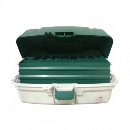 CAJA PESCA 3 CHAROLAS VERDE/BEIGE 44X24X20 CM