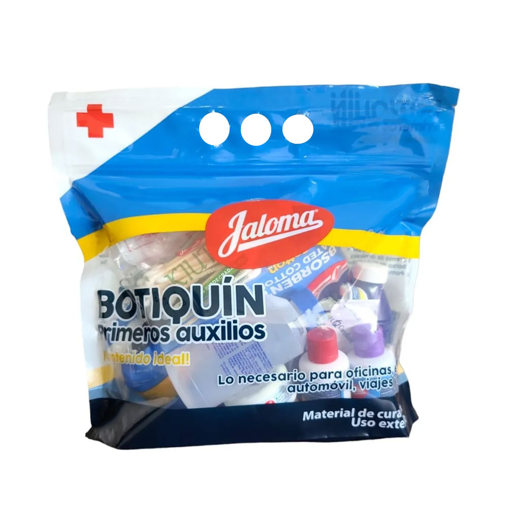 <ul>
	<li>Botiqu&iacute;n de primeros auxilios en bolsa resellable</li>
	<li>Contenido pr&aacute;ctico para atenci&oacute;n inmediata en emergencias menores</li>
	<li>Contenido:&nbsp;1 Agua oxigenada 112 ml, 1 Algod&oacute;n plisado 50 g, 5 Gasas 7.5 X 5 cm, 1 Venda el&aacute;stica 5 cm, 1&nbsp;Mertodol tintura 40 ml, 1 Violeta de Genciana 40 ml, 1 Crema de &aacute;rnica 30 g, 1 Alcohol&nbsp;desnaturalizado 70&deg; 120 ml, 5 Venditas adhesivas individuales, 2 Pomadas para labios 3 g, 1&nbsp;Pomada Sanasol10 g, 1Tela adhesiva sedosa 1.25cm x 100 cm, 1 bolsa de multiaplicadores&nbsp;Kiuts 20 piezas.</li>
</ul>

<p>&nbsp;</p>