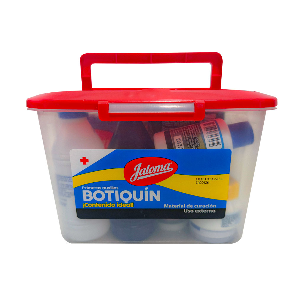<ul>
	<li>
	<p>Botiqu&iacute;n de primeros auxilios con caja pl&aacute;stica resistente</p>
	</li>
	<li>
	<p>Contenido pr&aacute;ctico para atenci&oacute;n inmediata en emergencias menores</p>
	</li>
	<li>
	<p>Contiene:&nbsp;1 Agua oxigenada 112 ml, 1 Algod&oacute;n plisado 50 g, 5 Gasas 7.5 X 5 cm, 1 Venda el&aacute;stica 5 cm, 1&nbsp;Mertodol tintura 40 ml, 1 Violeta de Genciana 40 ml, 1 Crema de &aacute;rnica 30 g, 1 Alcohol&nbsp;desnaturalizado 70&deg; 120 ml, 5 Venditas adhesivas individuales, 2 Pomadas para labios 3 g, 1&nbsp;<br />
	Pomada Sanasol10 g, 1Tela adhesiva sedosa 1.25cm x 100 cm, 1 bolsa de multiaplicadores&nbsp;Kiuts 20 piezas.</p>
	</li>
</ul>